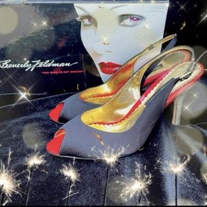 BEVERLY FELDMAN BLACK SLINGBACK RHINESTONE PEEP TOE DRESS SHOE/ HEELS💋-9-BOX !
